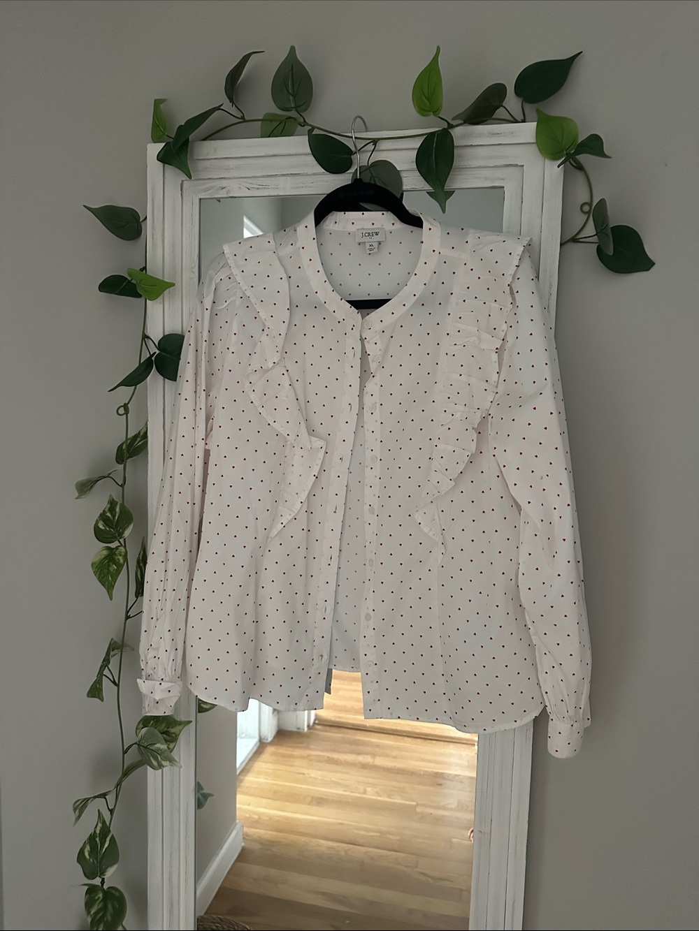 J. Crew white  Blouse with Red tiny hearts